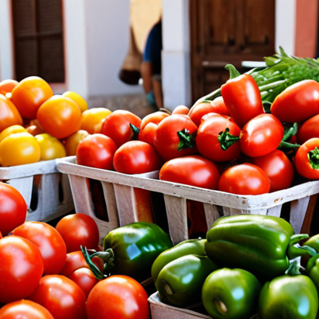 **

A vibrant, close-up shot of fresh, colorful produce (tomatoes, peppers, herbs) artfully arranged. Focus on highlighting the quality and freshness. Suggest a sun-drenched Spanish market or farm setting in the background, conveying "kilómetro cero" (local sourcing). Keywords: fresh produce, quality ingredients, Spanish market, local sourcing, vibrant colors.

**