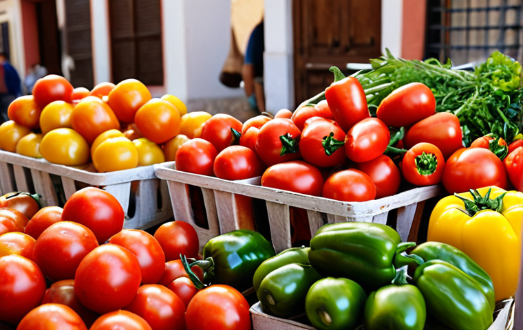 **

A vibrant, close-up shot of fresh, colorful produce (tomatoes, peppers, herbs) artfully arranged. Focus on highlighting the quality and freshness. Suggest a sun-drenched Spanish market or farm setting in the background, conveying "kilómetro cero" (local sourcing). Keywords: fresh produce, quality ingredients, Spanish market, local sourcing, vibrant colors.

**