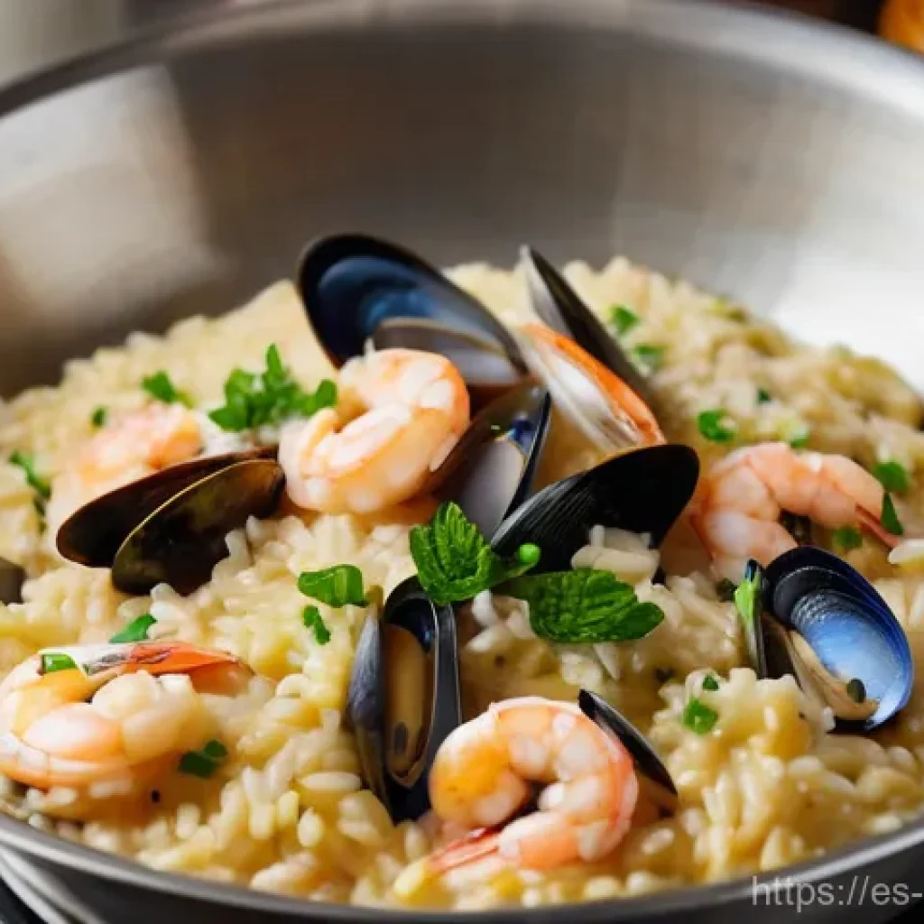 해산물 리조또 만드는 법 - **Prompt:** A close-up, top-down shot of adult hands gently stirring a creamy seafood risotto in a w...