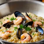 Home 11 해산물 리조또 만드는 법 - **Prompt:** A close-up, top-down shot of adult hands gently stirring a creamy seafood risotto in a w...