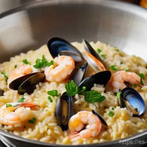Home 23 해산물 리조또 만드는 법 - **Prompt:** A close-up, top-down shot of adult hands gently stirring a creamy seafood risotto in a w...
