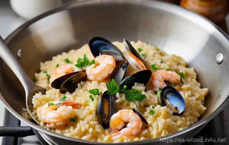 해산물 리조또 만드는 법 - **Prompt:** A close-up, top-down shot of adult hands gently stirring a creamy seafood risotto in a w...