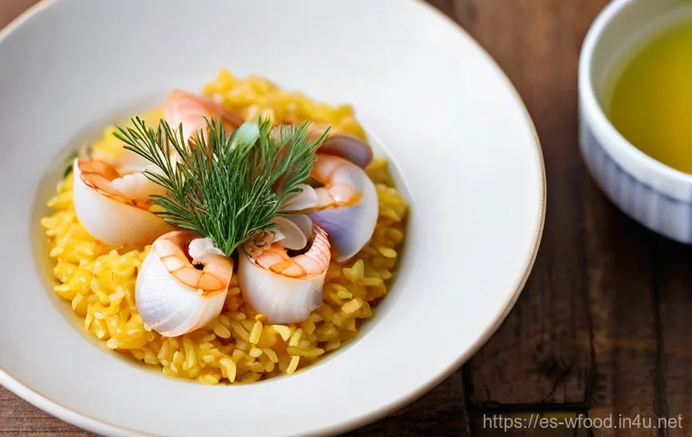 해산물 리조또 만드는 법 - **Prompt:** A close-up, top-down shot of adult hands gently stirring a creamy seafood risotto in a w...