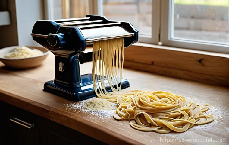 파스타 머신 추천 - **Prompt:** A cozy, rustic kitchen scene depicting the joyful, hands-on process of making fresh past...