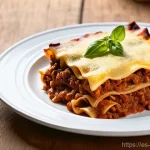 Home 8 라자냐 맛집 - **A masterfully crafted traditional Bolognese lasagna, freshly baked and steaming, presented in a ru...