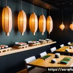 Home 20 양식 맛집 추천 - A modern minimalist sushi restaurant interior in the heart of a European city, featuring sleek woode...