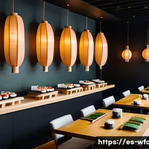 Home 32 양식 맛집 추천 - A modern minimalist sushi restaurant interior in the heart of a European city, featuring sleek woode...
