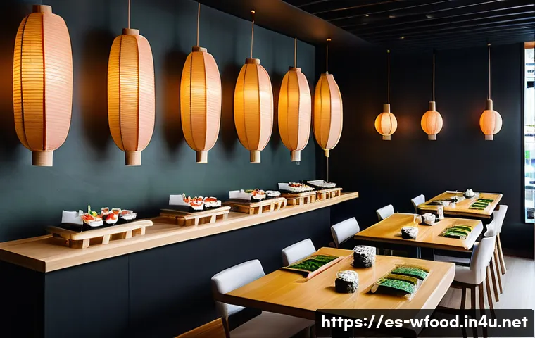 양식 맛집 추천 - A modern minimalist sushi restaurant interior in the heart of a European city, featuring sleek woode...