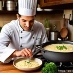 Home 18 양식 요리 실패 원인과 해결법 - A cozy European kitchen scene featuring a chef carefully stirring a creamy risotto on a rustic stove...