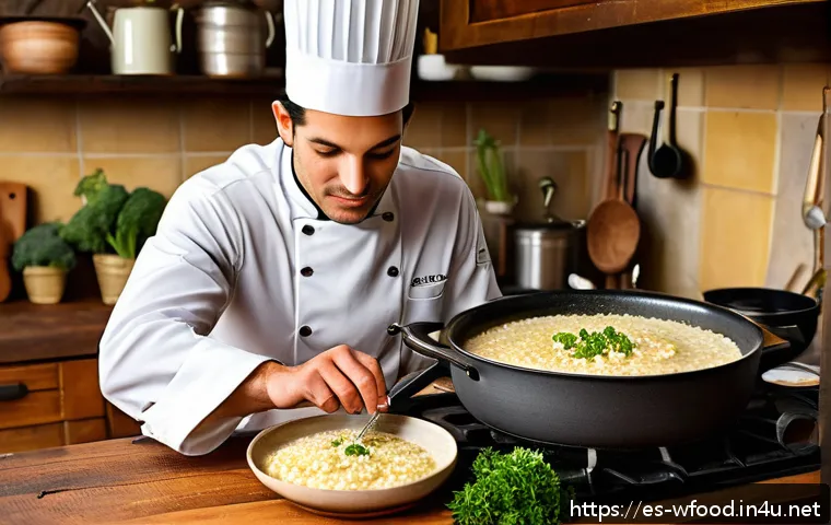 양식 요리 실패 원인과 해결법 - A cozy European kitchen scene featuring a chef carefully stirring a creamy risotto on a rustic stove...