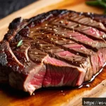 Home 23 스테이크 굽는 온도와 방법 - A close-up image of a perfectly cooked ribeye steak on a rustic wooden cutting board, showing detail...