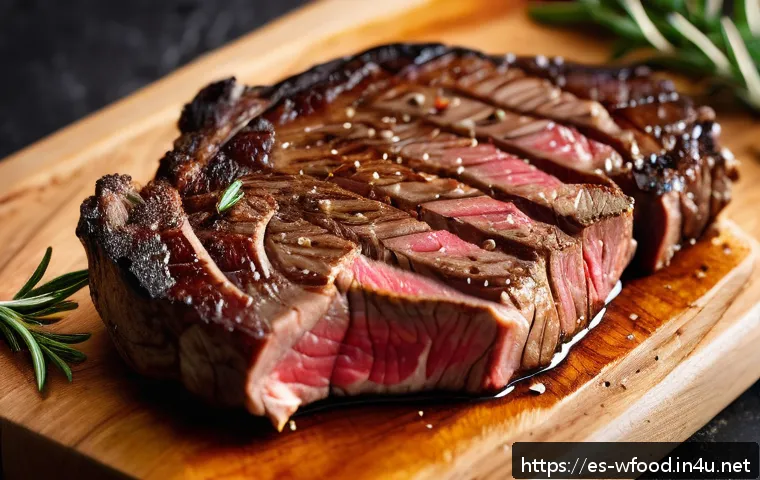 스테이크 굽는 온도와 방법 - A close-up image of a perfectly cooked ribeye steak on a rustic wooden cutting board, showing detail...