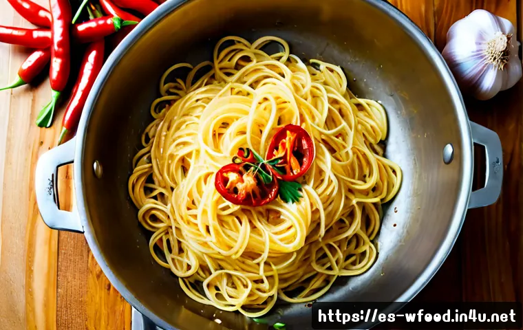 알리오 올리오 만드는 법 - Photorealistic overhead cooking scene of traditional Spanish-style aglio e olio pasta preparation, g...